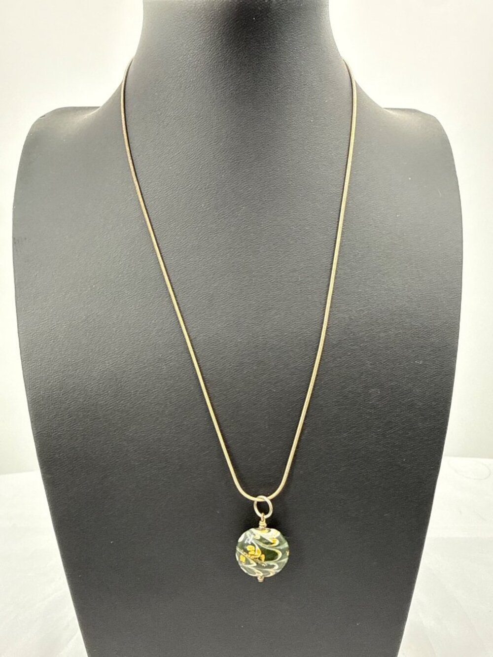 Vintage Italian Art Glass Swirl Pendant Necklace Gold Flakes Green Boho Fairy